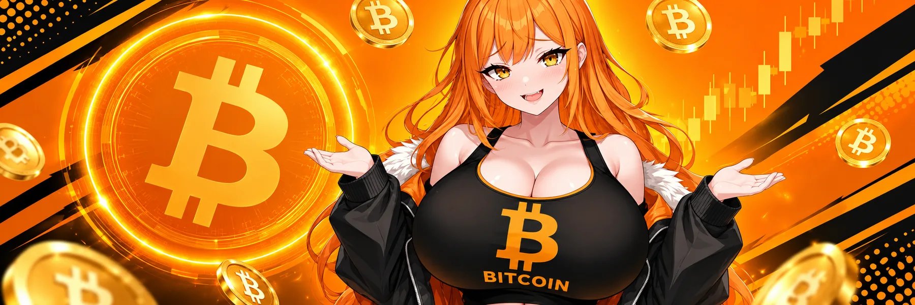 Big Titty Coin banner: the mascot surrounded by orange coins and green candles